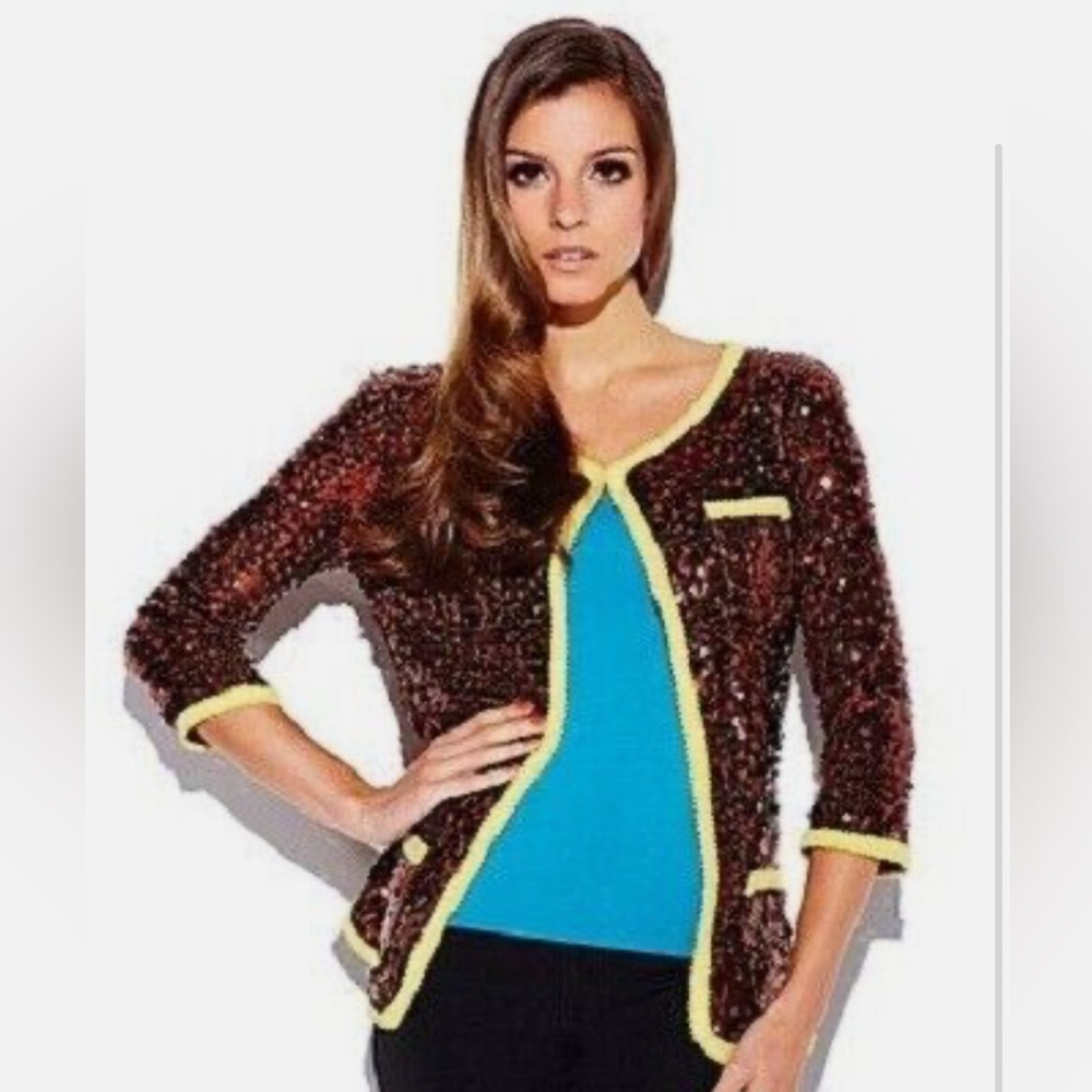 IMAN Brown Copper Sequin Embroidered Yellow Trim Blazer Jacket